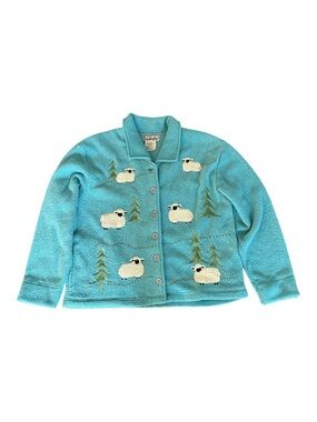 TIMBERLEA TURQUOISE FLEECE BUTTON JACKET WITH SHEEP EMBROIDERED FRONT & BACK